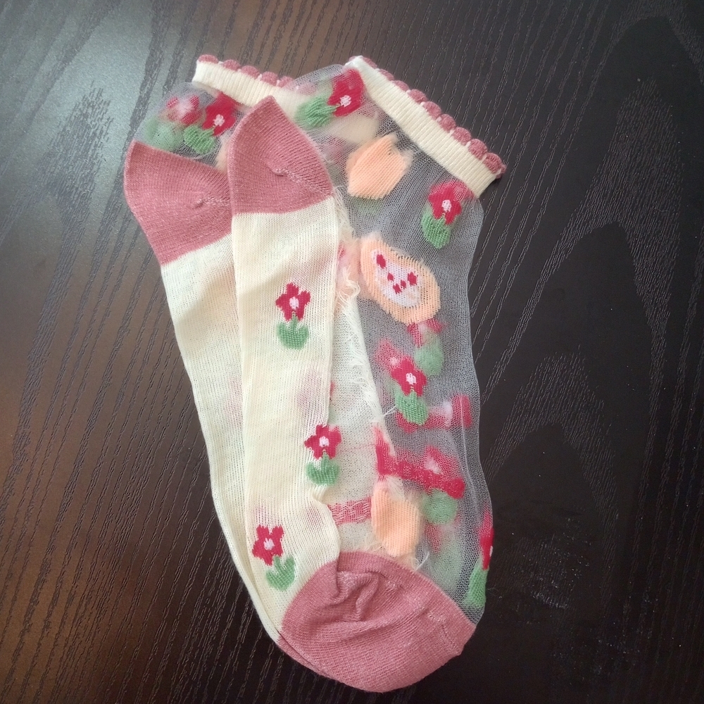 Cream Red Maroon Burgundy Floral Sheer Ankle Socks Breathable Lace Spring Summer